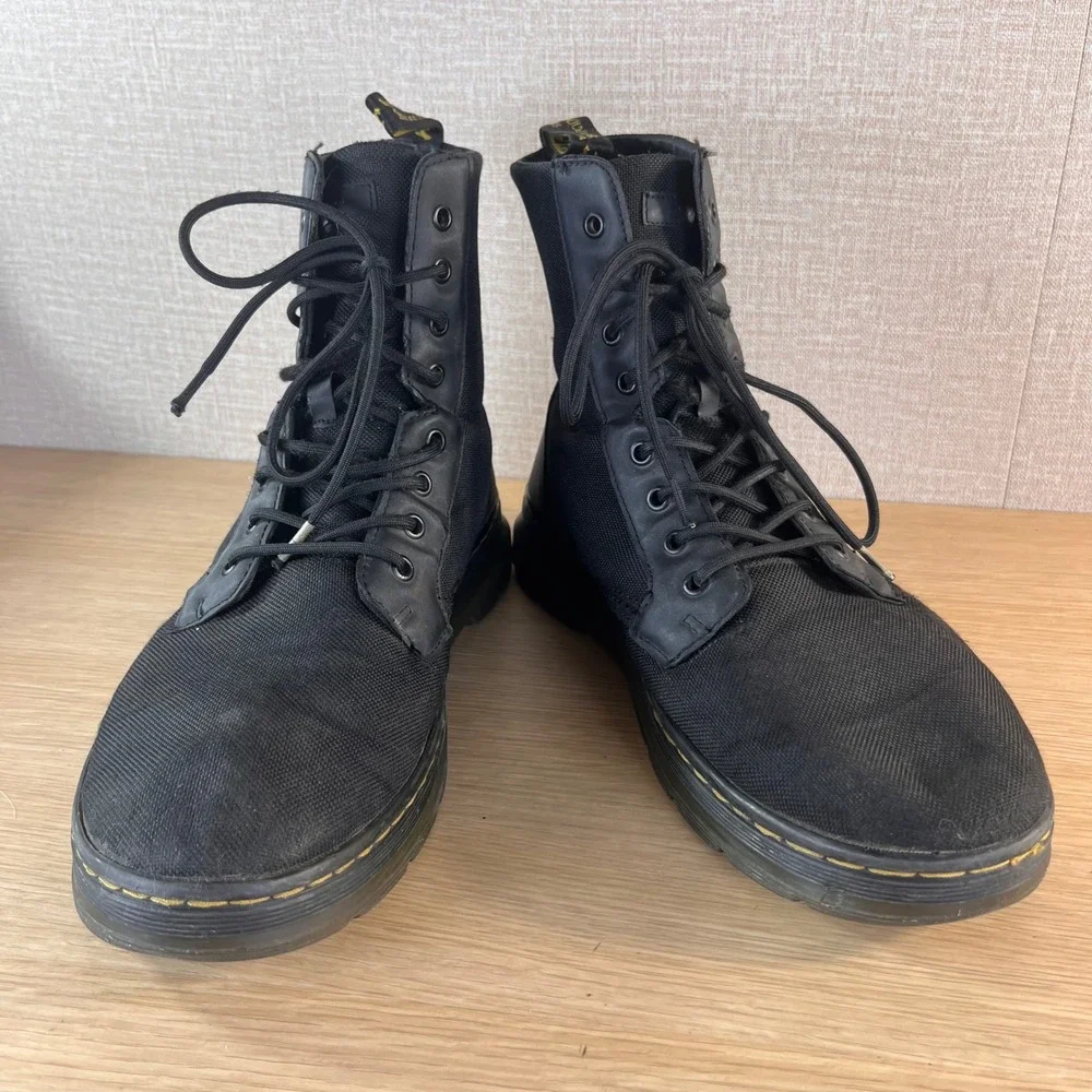 Dr. Martens Combs Black Canvas Leather Utility Combat Boots 8 Eye Lace Up US 11